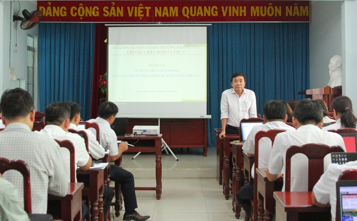Ông Phan Đình Thịnh, Chi cục trưởng Chi cục Chăn nuôi và Thú y Khánh Hòa chia sẻ tại buổi tập huấn sử dụng phần mềm kiểm dịch trực tuyến. Ảnh: Phương Chi. Ông Phan Đình Thịnh, Chi cục trưởng Chi cục Chăn nuôi và Thú y Khánh Hòa chia sẻ tại buổi tập huấn sử dụng phần mềm kiểm dịch trực tuyến. Ảnh: Phương Chi.