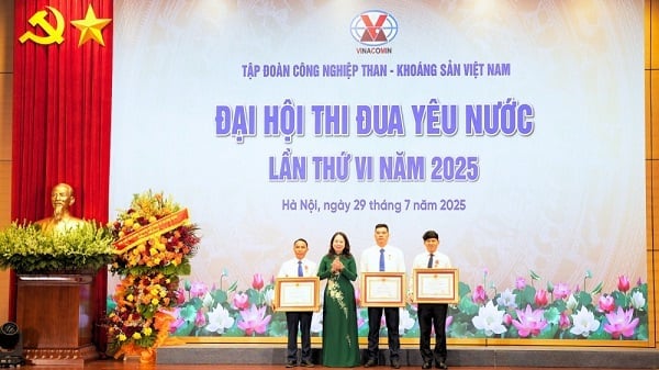 Phó Chủ tịch nước Võ Thị Ánh Xuân trao danh hiệu Anh hùng Lao động cho 1 cá nhân và Huân chương Lao động hạng Ba cho 2 cá nhân. Ảnh: TKV.