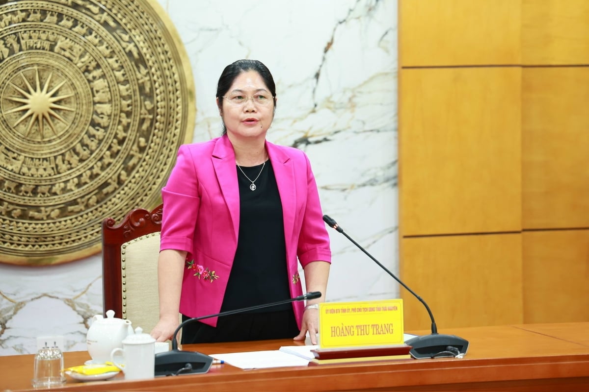 Phó Chủ tịch UBND tỉnh Thái Nguyên Hoàng Thu Trang phát biểu tại cuộc họp. Ảnh: Quang Linh.