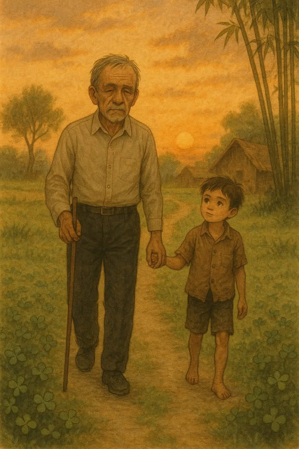 Ông cháu cùng nhau đi dạo. Ông cháu cùng nhau đi dạo.