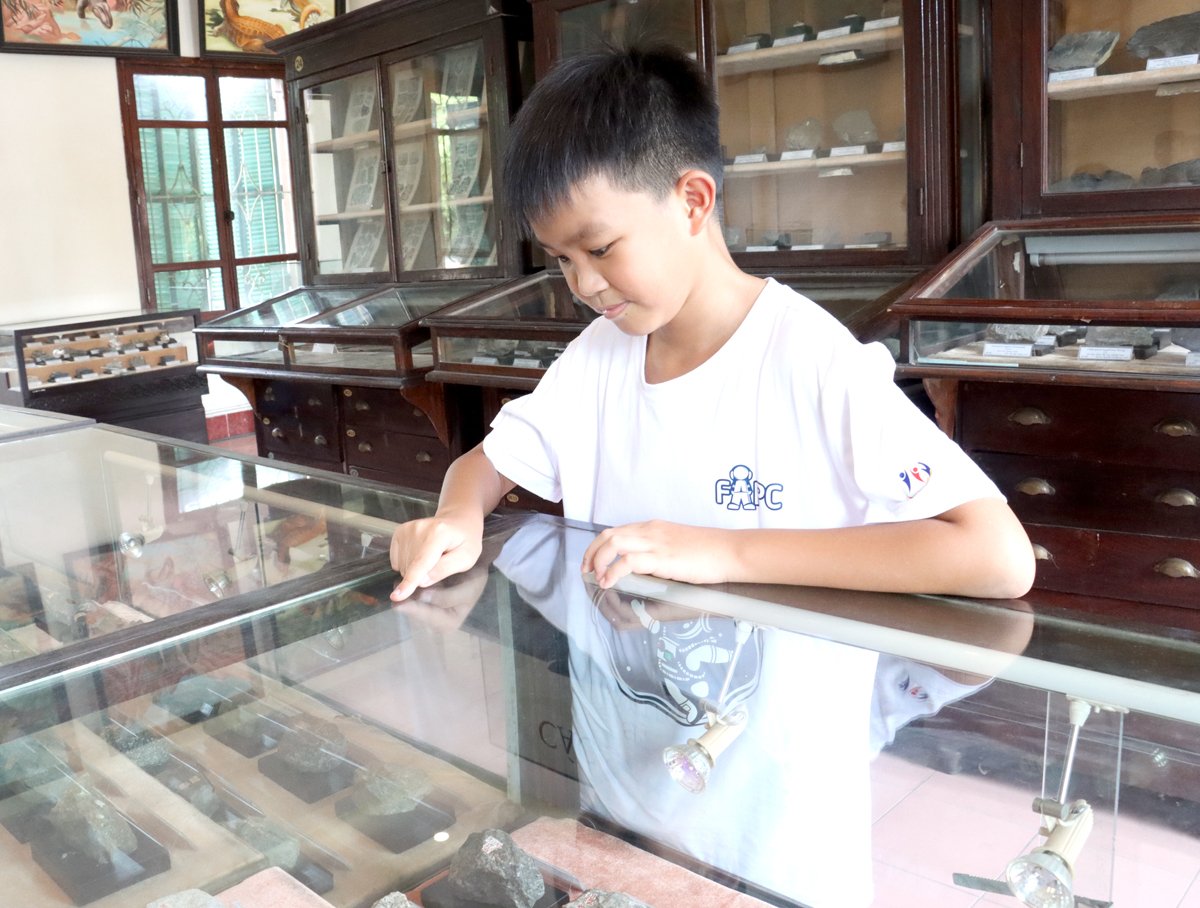 Buổi trải nghiệm giúp các em có thêm nhiều kiến thức bổ ích về lịch sử, địa lý và các loại đá, khoáng sản, hoá thạch. Ảnh: Lan Chi.