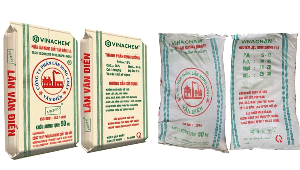 Sản phẩm 'Phân lân nung chảy Văn Điển' chính hãng bao bì bên trái còn bên phải là hàng nhái nhãn hiệu 'Phân lân nóng chảy Vân Điền' của Công ty TNHH Phân bón Hưng Phát Mê Kông. Sản phẩm 'Phân lân nung chảy Văn Điển' chính hãng bao bì bên trái còn bên phải là hàng nhái nhãn hiệu 'Phân lân nóng chảy Vân Điền' của Công ty TNHH Phân bón Hưng Phát Mê Kông.
