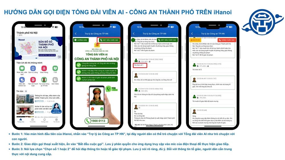 Hướng dẫn gọi tổng viên AI - Công an thành phố Hà Nội trên ihanoi. Ảnh: TTHCC Hà Nội. Hướng dẫn gọi tổng viên AI - Công an thành phố Hà Nội trên ihanoi. Ảnh: TTHCC Hà Nội.