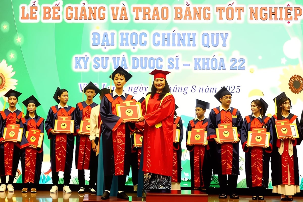 Đại diện nhà trường trao bằng cho sinh viên ngành Dược tốt nghiệp loại giỏi. Ảnh: Hồ Thảo.