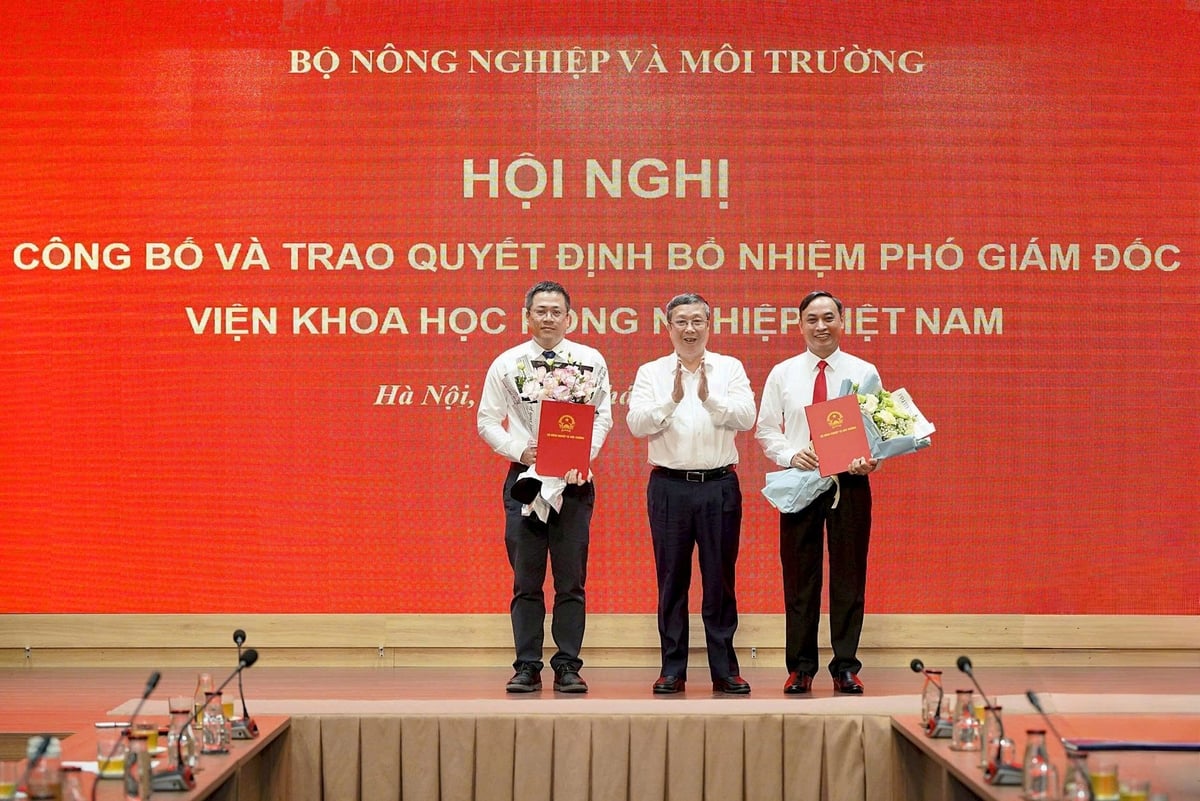Thứ trưởng Hoàng Trung tặng hoa, chúc mừng 2 tân phó giám đốc. Ảnh: Bảo Thắng. Thứ trưởng Hoàng Trung tặng hoa, chúc mừng 2 tân phó giám đốc. Ảnh: Bảo Thắng.