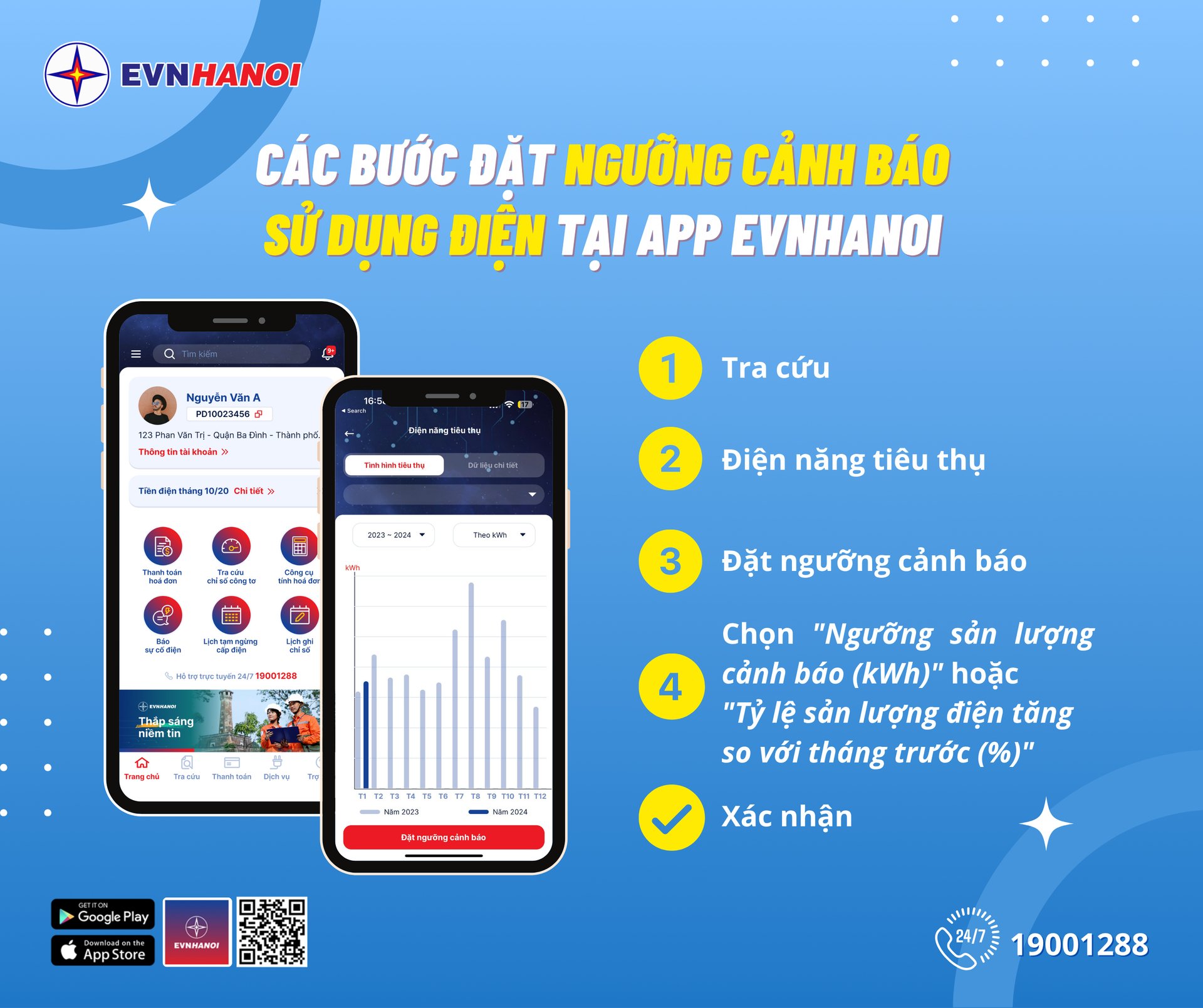 Tính năng 'Đặt ngưỡng cảnh báo' trên App EVNHANOI. Ảnh: EVNHANOI. Tính năng 'Đặt ngưỡng cảnh báo' trên App EVNHANOI. Ảnh: EVNHANOI.