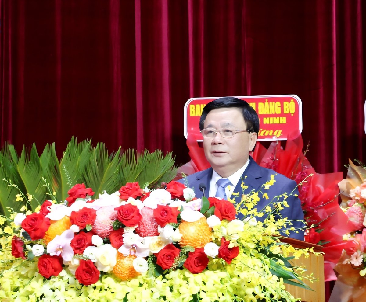 GS.TS Nguyễn Xuân Thắng, Ủy viên Bộ Chính trị, Giám đốc Học viện Chính trị quốc gia Hồ Chí Minh, Chủ tịch Hội đồng Lý luận Trung ương, ĐBQH tỉnh, phát biểu chỉ đạo Đại hội. Ảnh: QMG.