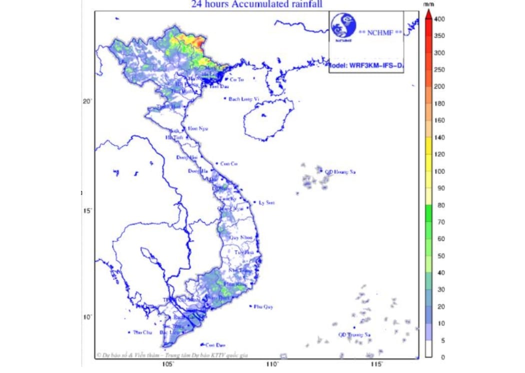 Dự báo tổng lượng mưa trong vòng 24h tới, tính từ 20h ngày 6/8. Vùng mưa lớn nhất khả năng xảy ra ở các tỉnh Tuyên Quang, Cao Bằng, Thái Nguyên, Lạng Sơn... có khả năng xảy ra mưa lớn. Ảnh: NCHMF. Dự báo tổng lượng mưa trong vòng 24h tới, tính từ 20h ngày 6/8. Vùng mưa lớn nhất khả năng xảy ra ở các tỉnh Tuyên Quang, Cao Bằng, Thái Nguyên, Lạng Sơn... có khả năng xảy ra mưa lớn. Ảnh: NCHMF.
