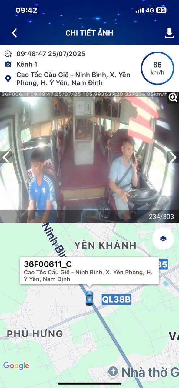 Xe khách 36F 00611, lái xe bị phát hiện khi đang sử dụng điện thoại 'buôn chuyện'. Ảnh: Cục CSGT. Xe khách 36F 00611, lái xe bị phát hiện khi đang sử dụng điện thoại 'buôn chuyện'. Ảnh: Cục CSGT.