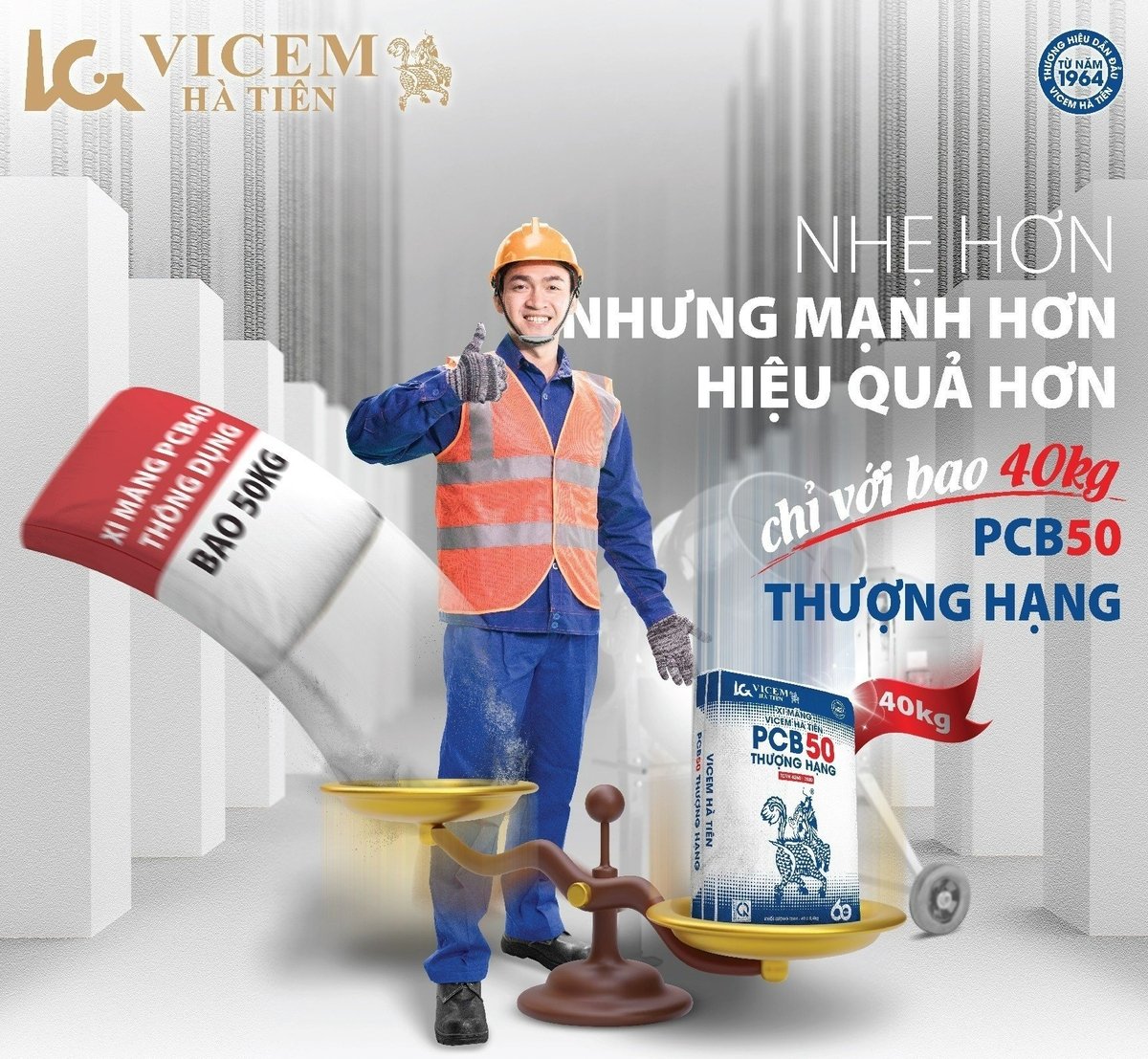 PCB50 thượng hạng bao 40kg với các tính năng vượt trội: 'Nhẹ hơn, mạnh hơn, hiệu quả hơn'. Ảnh: Vicem Hà Tiên. PCB50 thượng hạng bao 40kg với các tính năng vượt trội: 'Nhẹ hơn, mạnh hơn, hiệu quả hơn'. Ảnh: Vicem Hà Tiên.