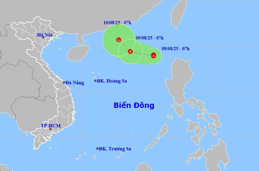 Vị trí áp thấp nhiệt đới lúc 7h sáng nay và dự báo quỹ đạo đi chuyển. Nguồn: NCHMF.