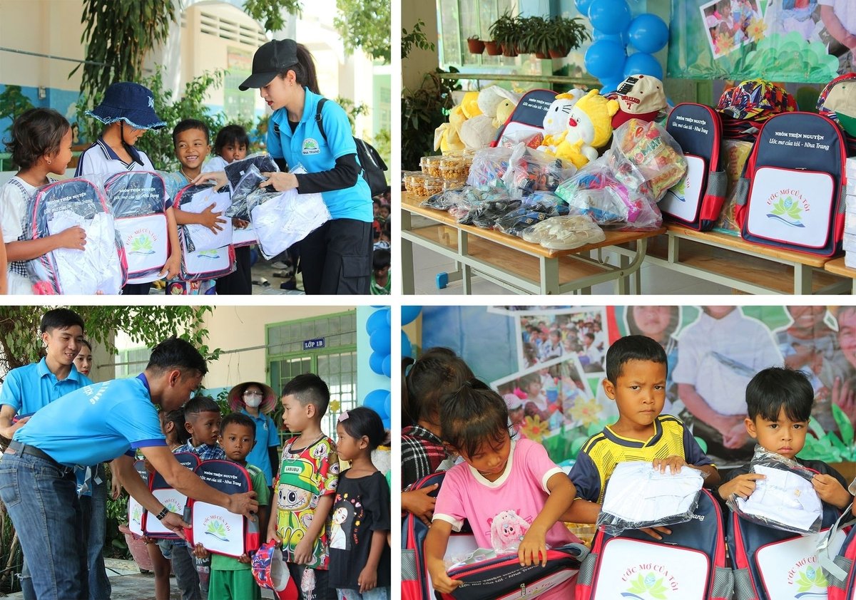 Các em học sinh Trường Tiểu học Phước Trung B vui mừng khi nhận được những món quà từ nhóm thiện nguyện. Ảnh: Phương Chi.