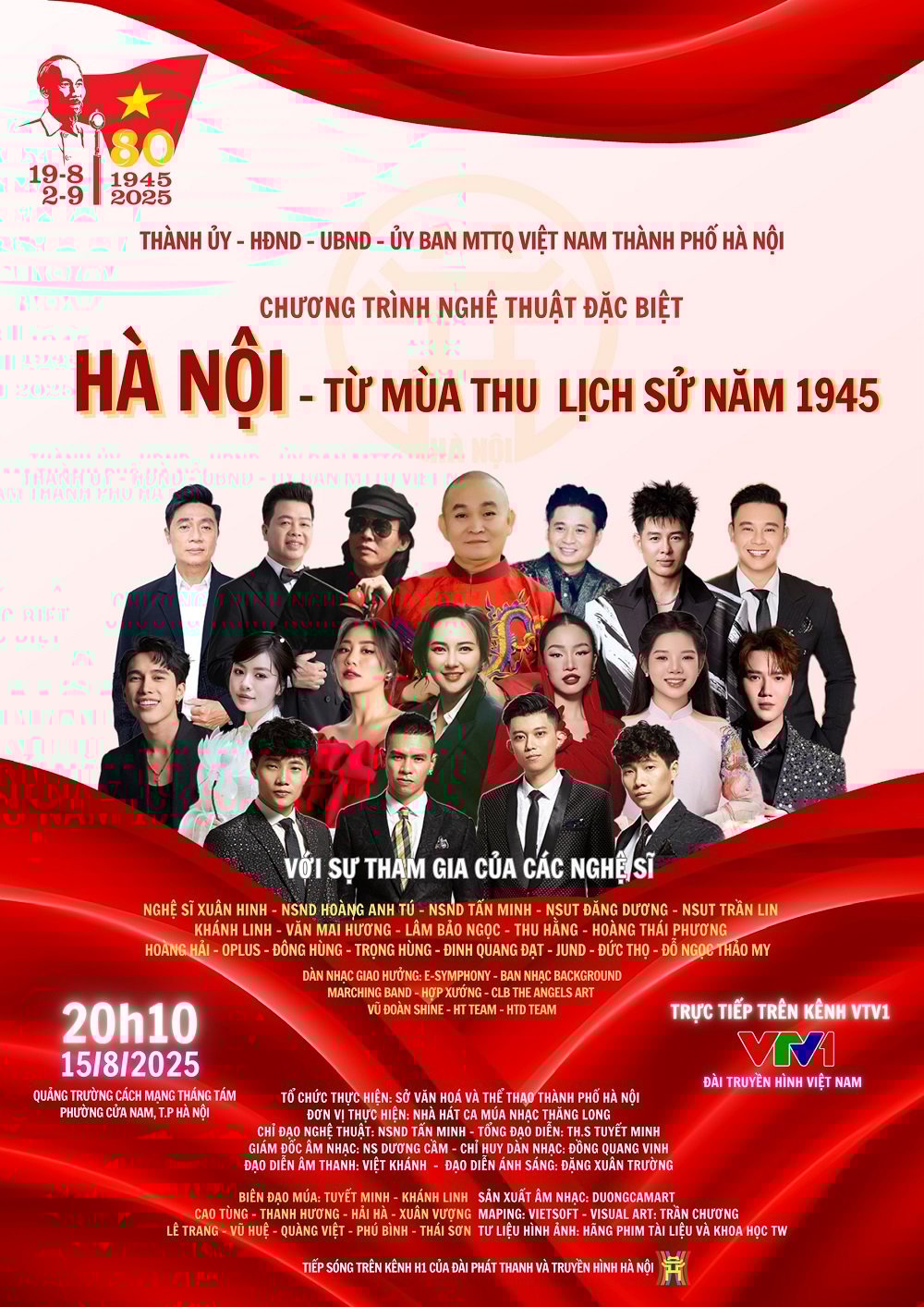 Chương trình nghệ thuật đặc biệt 'Hà Nội – Từ mùa Thu lịch sử năm 1945' diễn ra vào tối 15/8/2025, tại Quảng trường Cách mạng Tháng Tám TP. Hà Nội. Ảnh: Sở Văn hóa và Thể thao Hà Nội. Chương trình nghệ thuật đặc biệt 'Hà Nội – Từ mùa Thu lịch sử năm 1945' diễn ra vào tối 15/8/2025, tại Quảng trường Cách mạng Tháng Tám TP. Hà Nội. Ảnh: Sở Văn hóa và Thể thao Hà Nội.