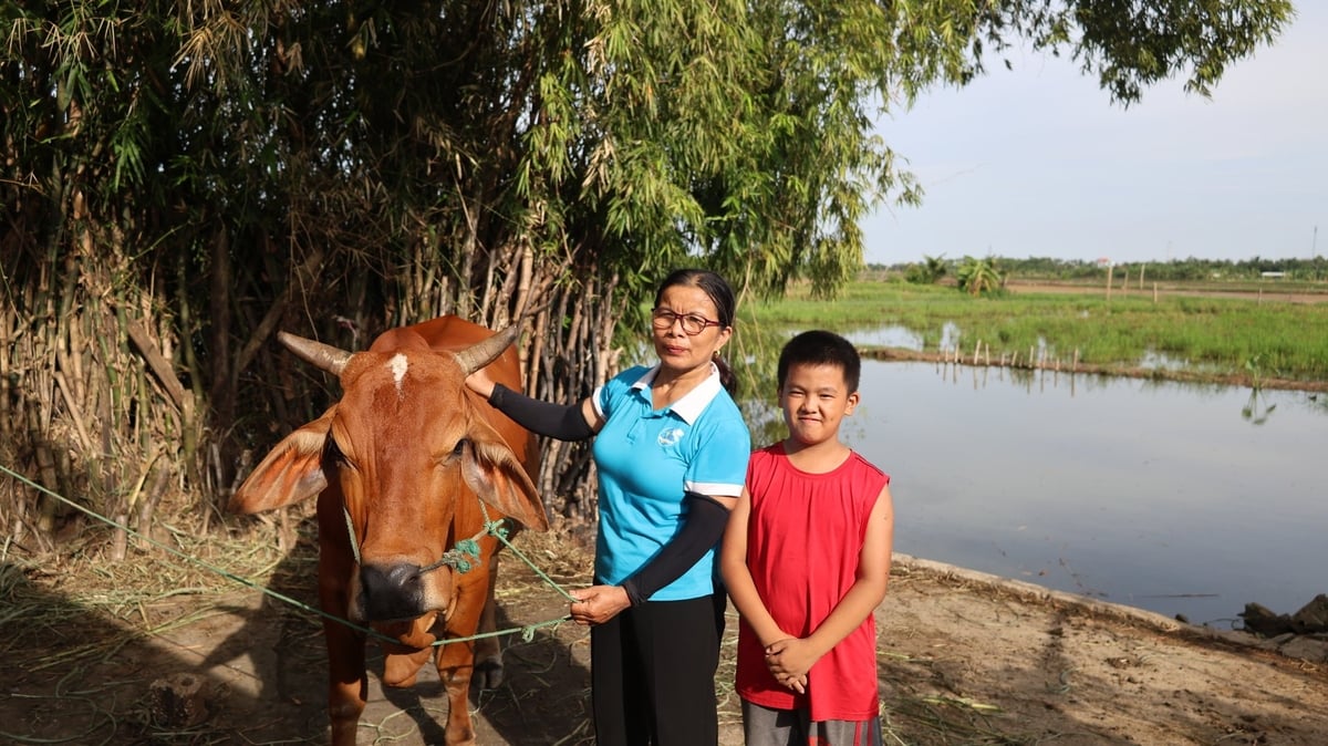 Bà Phạm Thị Kiên, Chi hội trưởng Chi hội phụ nữ Tổ dân phố Lương Thôn cùng con trai chị Loan bên cạnh con bò giống mua năm 2020. Ảnh: Thanh Tâm.