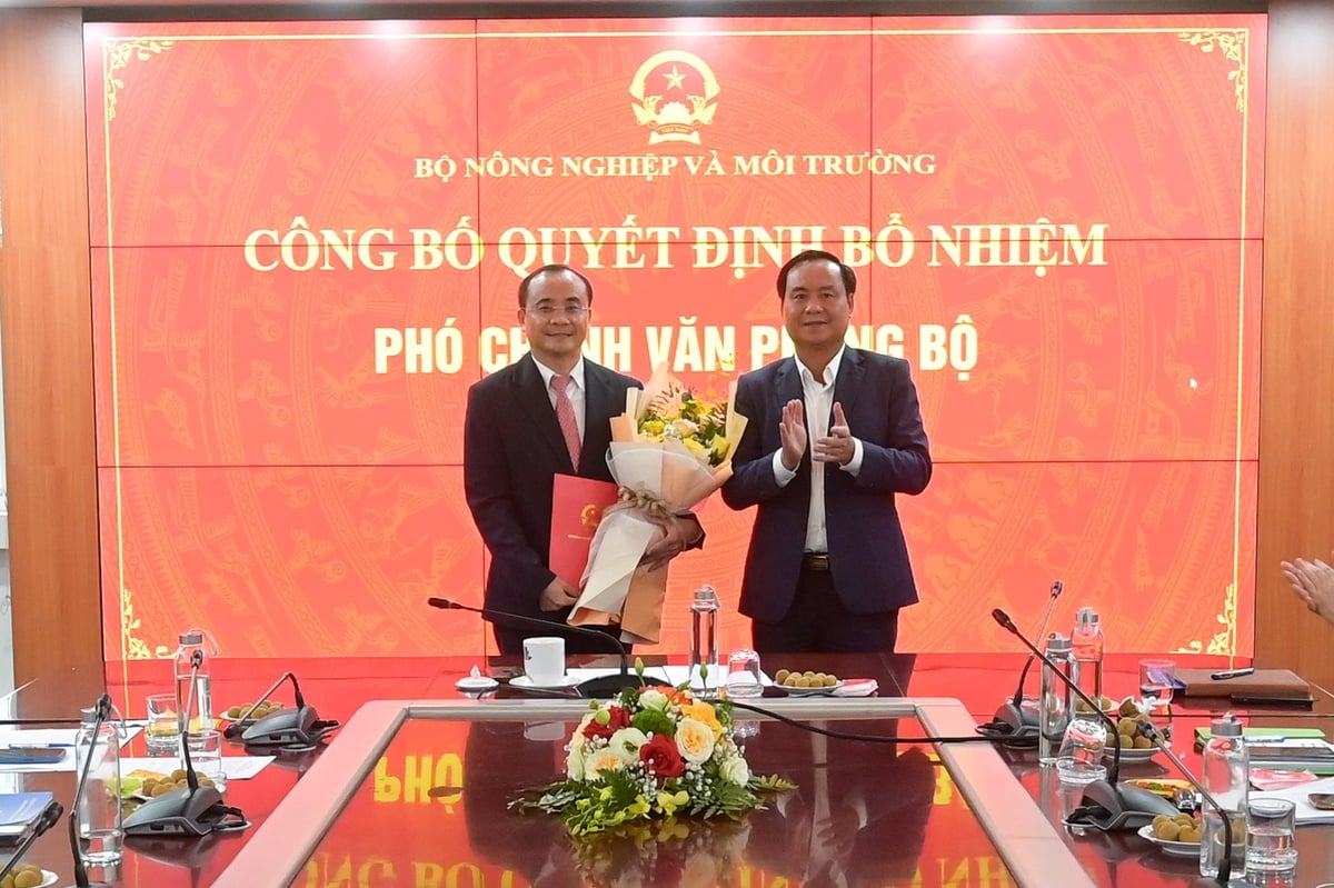 Thứ trưởng Võ Văn Hưng trao quyết định và tặng hoa chúc mừng ông Bùi Mạnh Tường. Ảnh: Tùng Đinh.