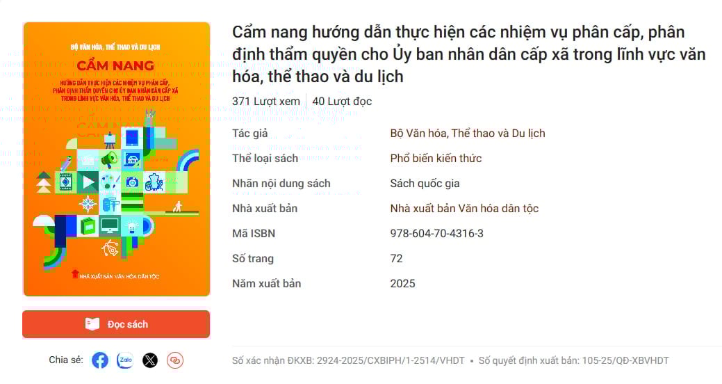 Cẩm nang hướng dẫn thực hiện các nhiệm vụ phân cấp, phân định thẩm quyền cho UBND cấp xã trong lĩnh vực văn hóa, thể thao và du lịch phát hành trên nền tảng điện tử. Ảnh: Chụp trên sachdientu.vn. Cẩm nang hướng dẫn thực hiện các nhiệm vụ phân cấp, phân định thẩm quyền cho UBND cấp xã trong lĩnh vực văn hóa, thể thao và du lịch phát hành trên nền tảng điện tử. Ảnh: Chụp trên sachdientu.vn.