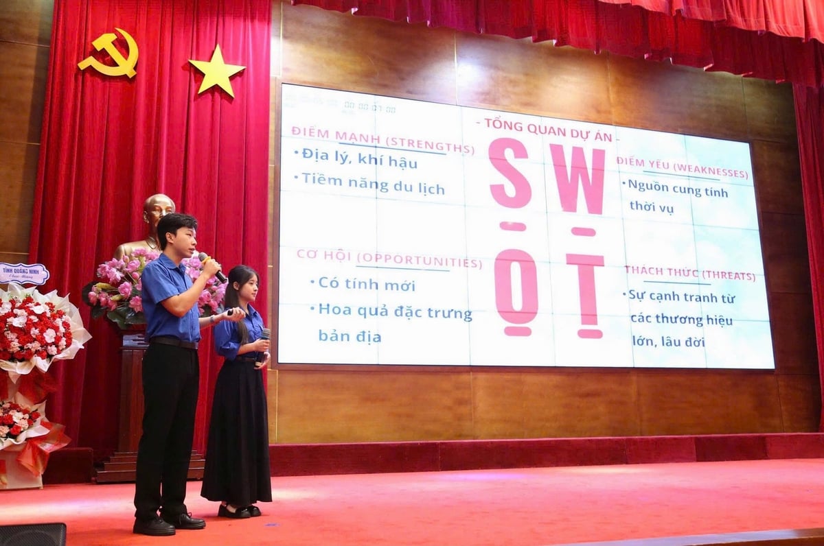 Các thí sinh thuyết trình về dự án của mình và trả lời các câu hỏi của ban giám khảo để bảo vệ tính hiệu quả của dự án cũng như giúp thí sinh hoàn thiện ý tưởng, xây dựng dự án. Ảnh: Hải Lâm.