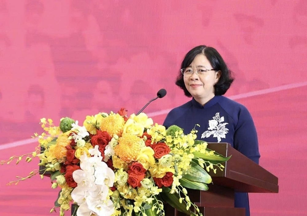 Bí thư Thành ủy Hà Nội Bùi Thị Minh Hoài phát biểu tại hội thảo. Ảnh: Cổng TTĐT.