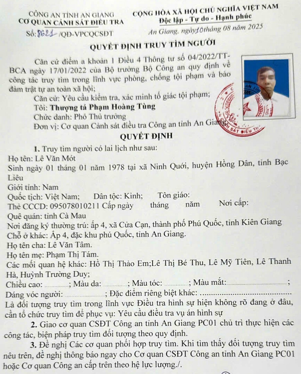 Đối tượng Lê Văn Mót bị Cơ quan Cảnh sát điều tra Công an tỉnh An Giang ra quyết định truy tìm. Ảnh: Tiến Tầm.