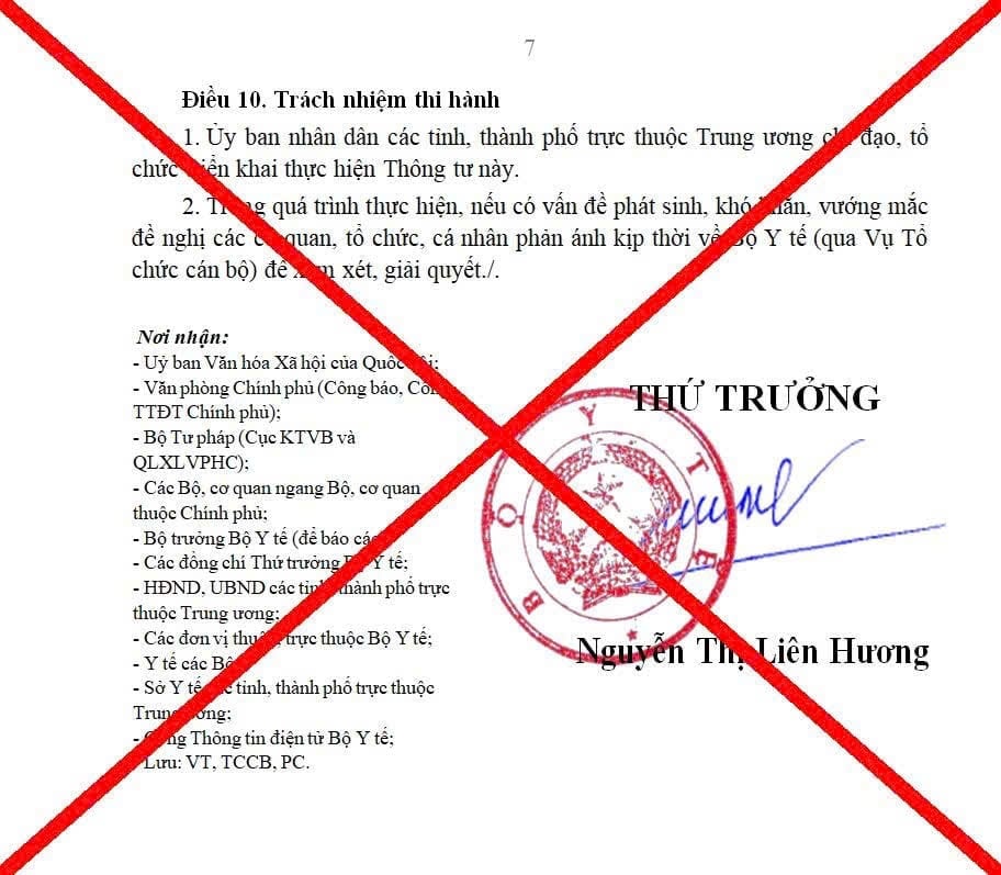 Văn bản giả mạo Bộ Y tế đang xuất hiện trên một số trang mạng xã hội. Ảnh: Bộ Y tế cung cấp. 