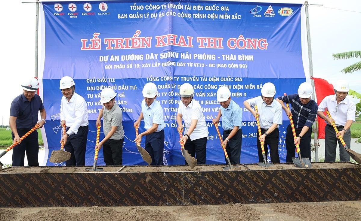 Lãnh đạo EVNNPT cùng đại diện các phòng của xã Nguyễn Du, lãnh đạo các Ban, đơn vị thực hiện nghi thức khởi công dự án. Ảnh: EVNNPT.