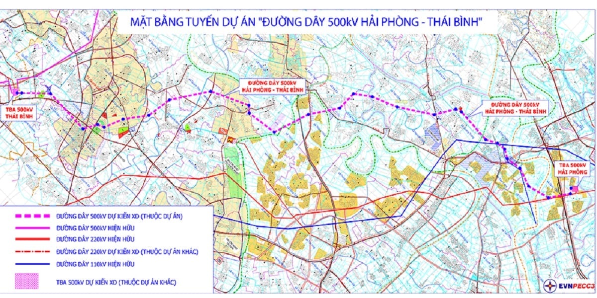 Mặt bằng tuyến dự án đường dây 500kV Hải Phòng - Thái Bình. Ảnh: EVNNPT.