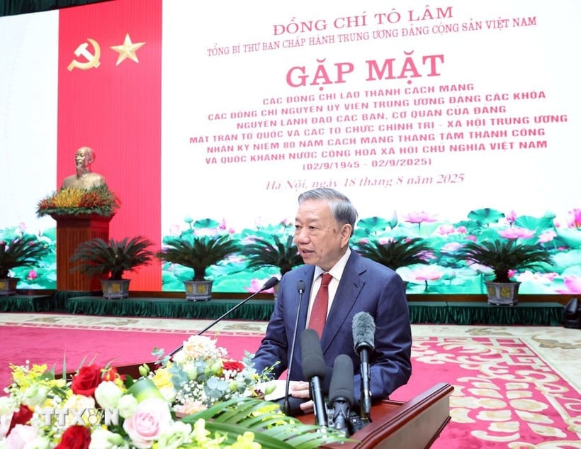 Tổng Bí thư Tô Lâm phát biểu tại chương trình gặp mặt sáng 18/8. Ảnh: TTXVN.