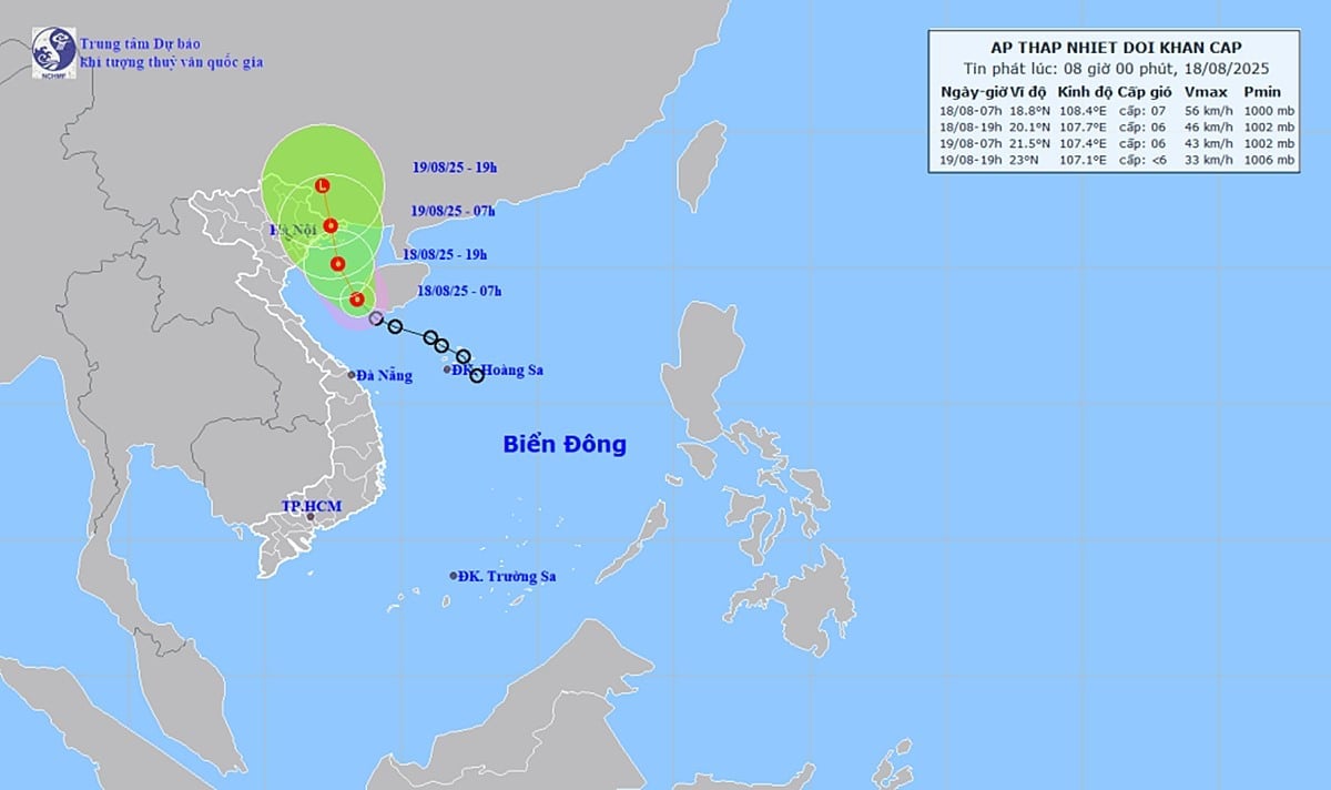 Dự báo hướng di chuyển của áp thấp nhiệt đới. Ảnh: Trung tâm KTTV Quốc gia Dự báo hướng di chuyển của áp thấp nhiệt đới. Ảnh: Trung tâm KTTV Quốc gia
