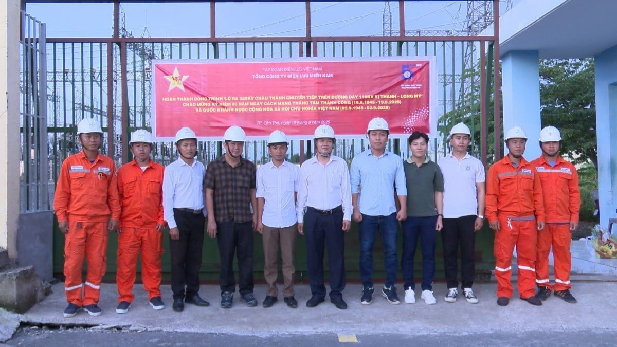 Đại diện chủ đầu tư, nhà thầu và đơn vị liên quan tham gia đóng điện công trình Lộ ra 220 kV Châu Thành chuyển tiếp trên đường dây 110 kV Vị Thanh - Long Mỹ. Ảnh: Hoàng Hùng. 