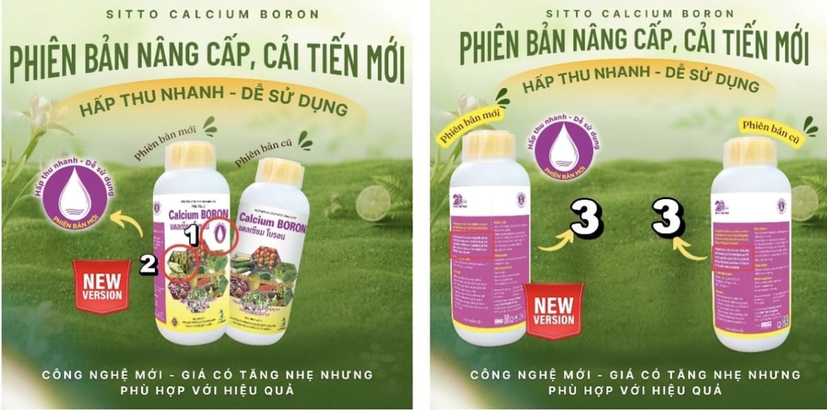 Đặc điểm nhận diện Calcium Boron phiên bản mới và phiên bản cũ. Ảnh: Lê Minh Quốc.