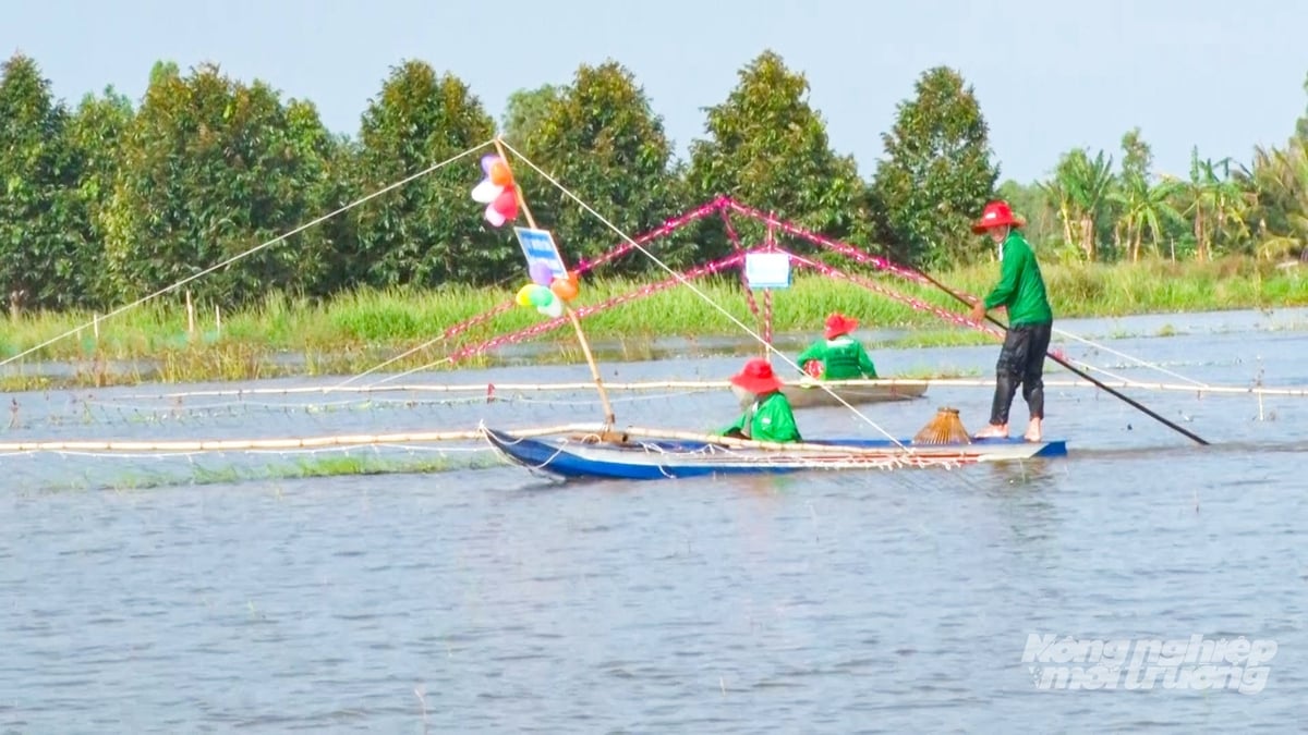Hội thi kéo (đẩy) côn bắt cá mùa nước nổi thu hút đông đảo người dân địa phương tham gia. Ảnh: Văn Vũ.