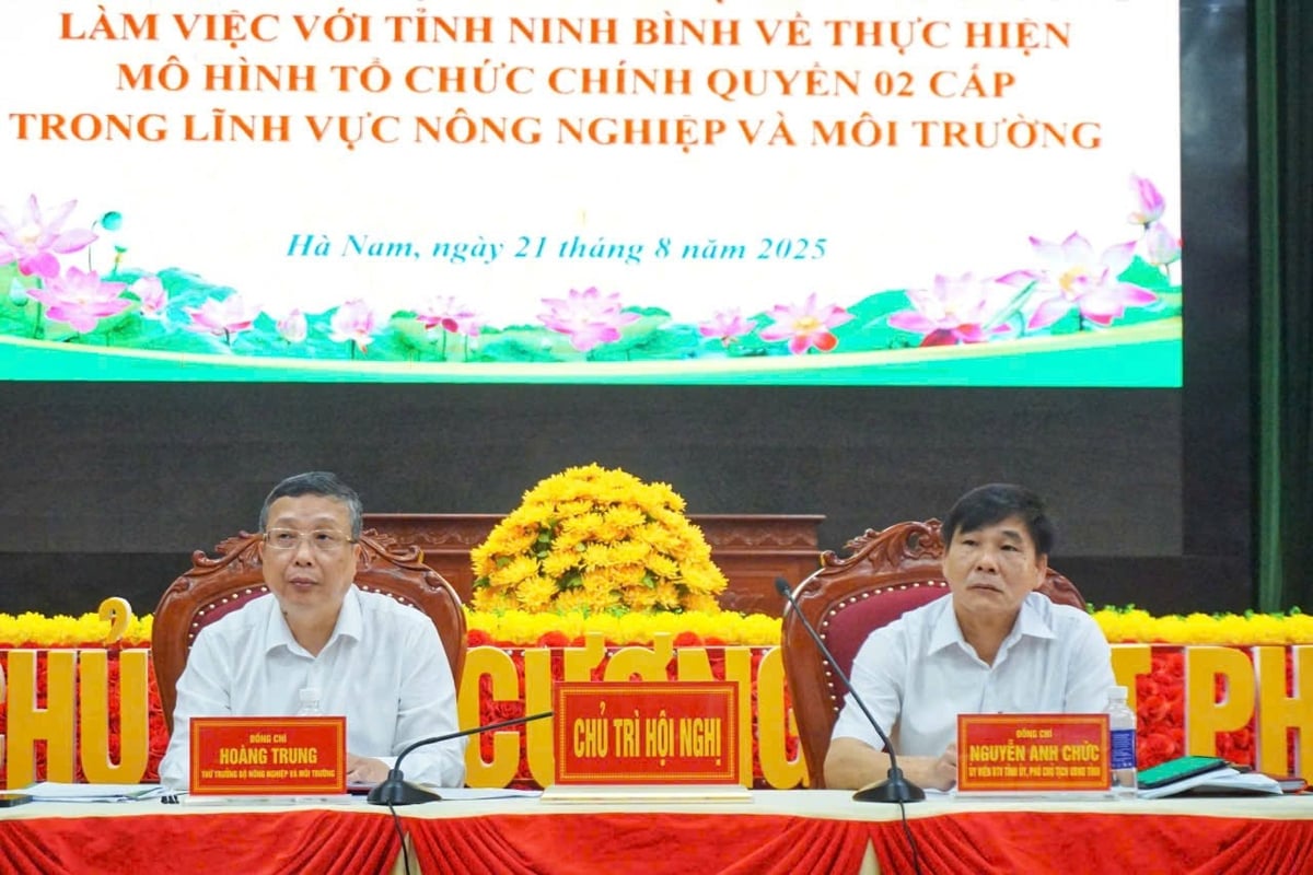 Thứ trưởng Hoàng Trung và ông Nguyễn Anh Chức, Phó Chủ tịch UBND tỉnh Ninh Bình đồng chủ trì buổi làm việc. Ảnh: Xuân Hào.