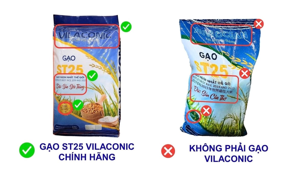Sản phẩm gạo ST25 của Vilaconic xuất khẩu sang Úc (bên trái) và sản phẩm tương đồng (bên phải). Ảnh: Quốc Tuấn.