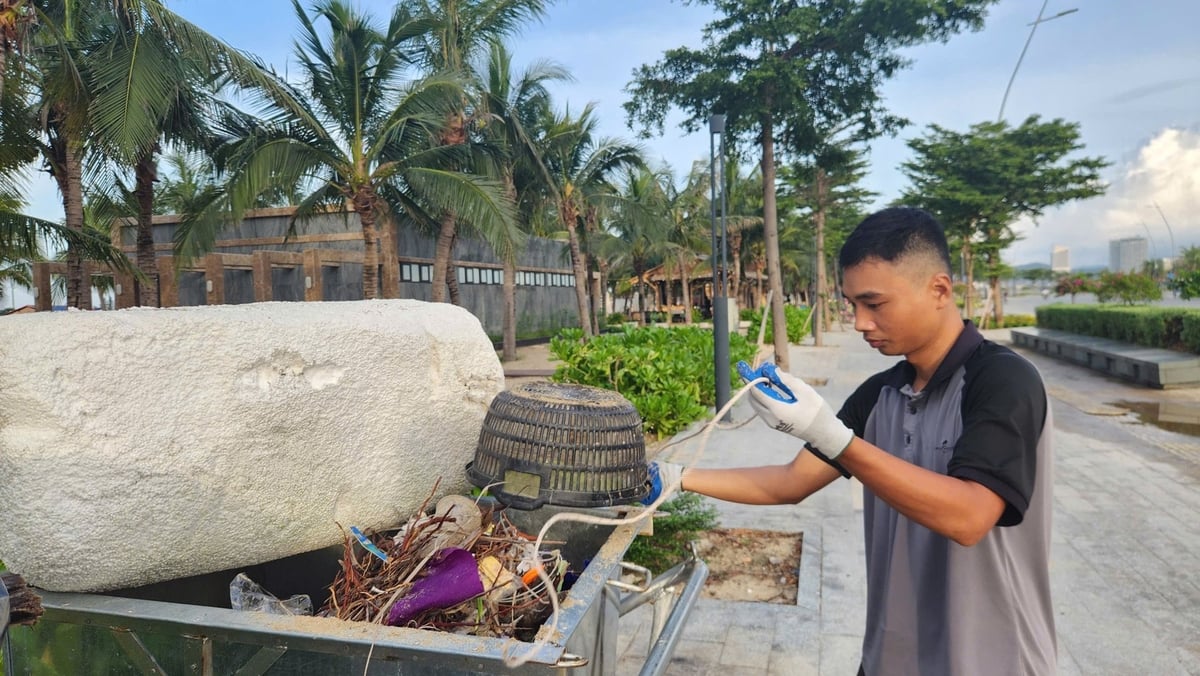 Rác ngoài bãi biển được nhóm thu gom cho vào xe chở rác để đảm bảo vệ sinh môi trường. Ảnh: Nguyễn Thành. 