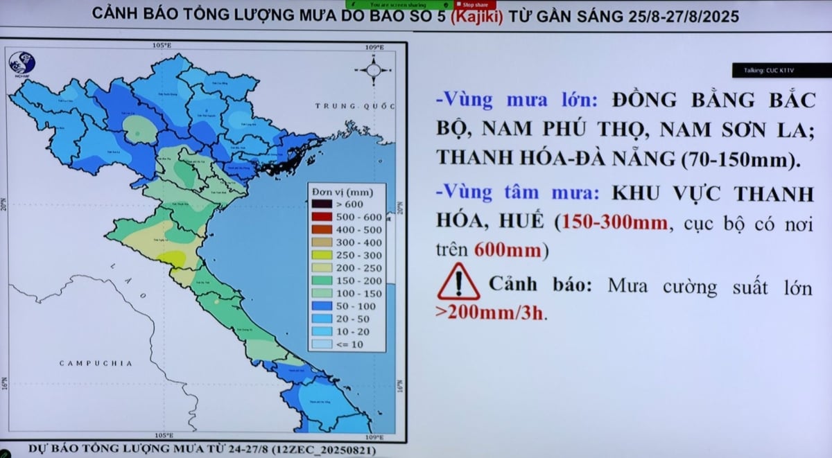 Dự báo tổng lượng mưa trên đât liền từ 24-27/8 do ảnh hưởng của bão số 5. Ảnh: Trung Nguyên. Dự báo tổng lượng mưa trên đât liền từ 24-27/8 do ảnh hưởng của bão số 5. Ảnh: Trung Nguyên.