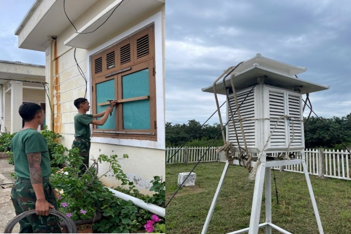 Bộ đội hỗ trợ Trạm Khí tượng hải văn Cồn Cỏ (tỉnh Quảng Trị) chằng chống nhà trạm, thiết bị quan trắc chống bão số 5. Ảnh: Trà My.
