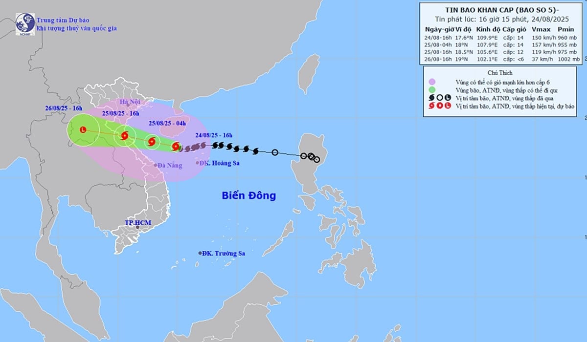 Dự báo hướng di chuyển của cơn bão số 5. Ảnh: Trung tâm Dự báo KTTV Quốc gia Dự báo hướng di chuyển của cơn bão số 5. Ảnh: Trung tâm Dự báo KTTV Quốc gia