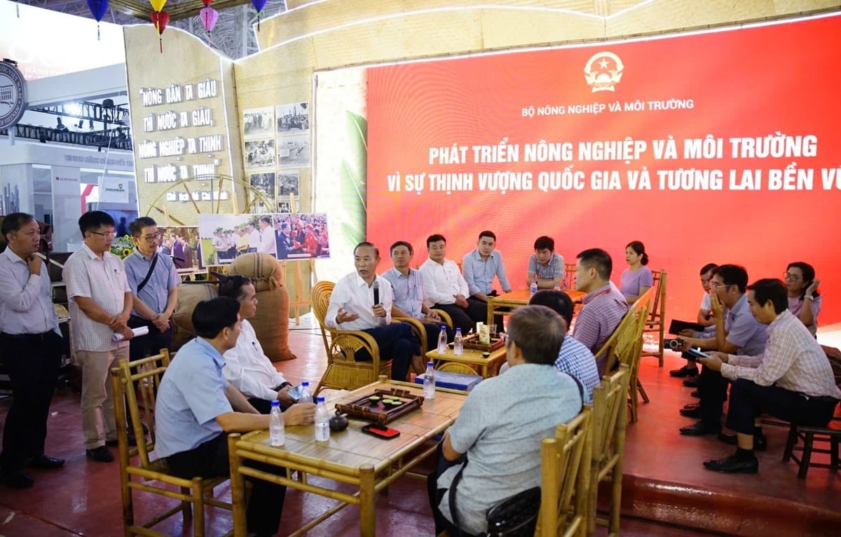 Chiều 25/8, Thứ trưởng Bộ Nông nghiệp và Môi trường Phùng Đức Tiến chủ trì cuộc họp với lãnh đạo các đơn vị trực thuộc về công tác chuẩn bị cho Triển lãm thành tựu ngành Nông nghiệp và Môi trường. Ảnh: Linh Linh.