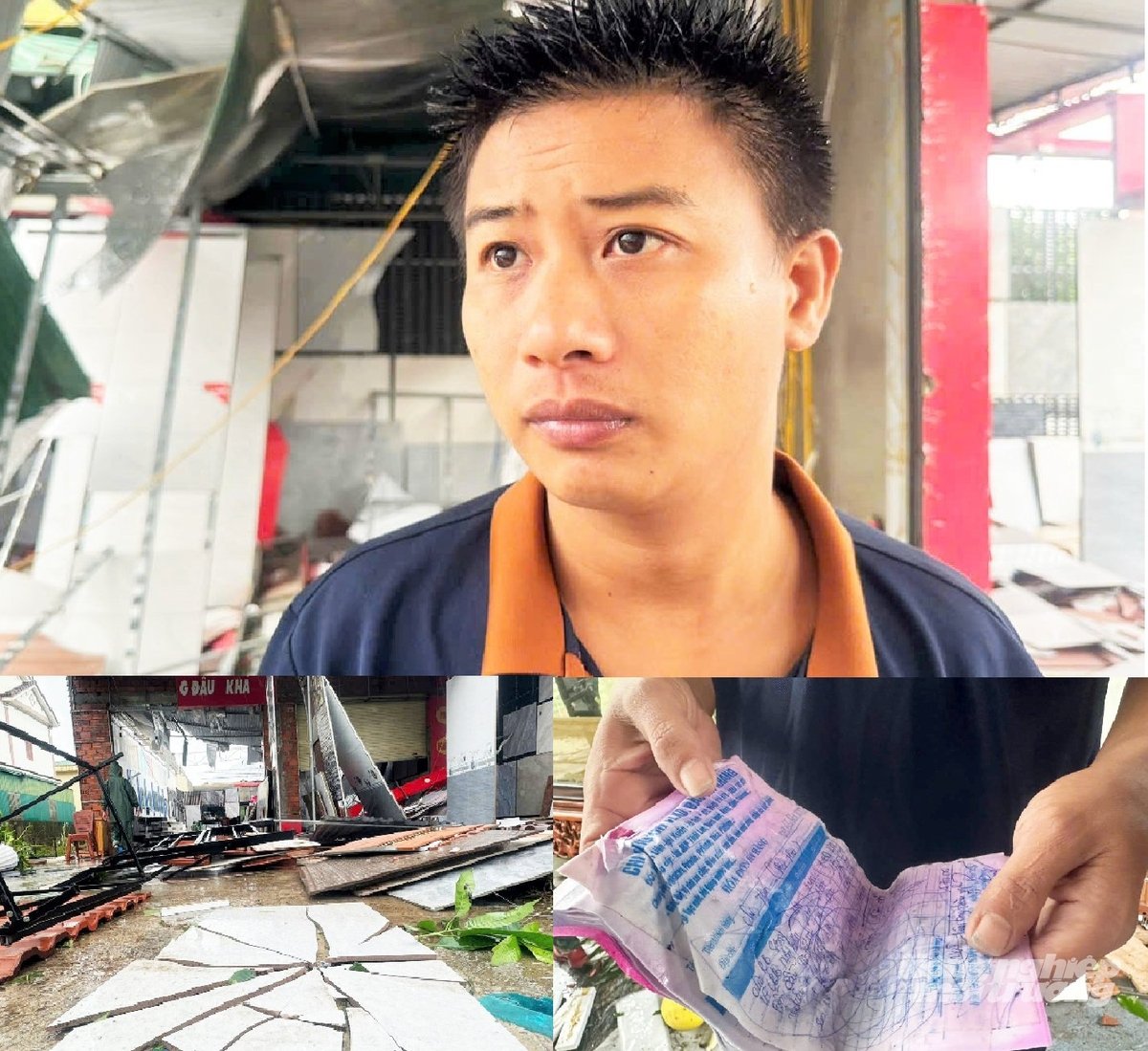 Cách đây 5 năm anh Nguyễn Văn Đạo rời quê huyện Hưng Nguyên, tỉnh Nghệ An (cũ) sang xã Cổ Đạm, tỉnh Hà Tĩnh xây dựng cơ sở kinh doanh vật liệu xây dựng. Kinh doanh chưa kịp hoàn vốn đầu tư hơn 1 tỷ đồng thì trận bão chiều tối 25/8 đã cuốn phăng toàn bộ mái tôn cơ sở, làm hư hỏng hoàn toàn tài sản trong nhà. 