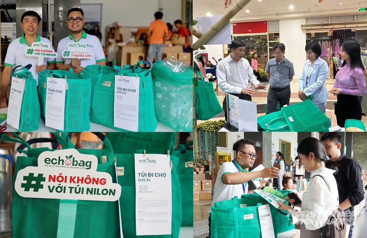 Túi echobag làm từ lưới đánh bắt cũ được giới thiệu tại nhiều diễn đàn, hội thảo xanh. Ảnh: Nguyễn Thủy. Túi echobag làm từ lưới đánh bắt cũ được giới thiệu tại nhiều diễn đàn, hội thảo xanh. Ảnh: Nguyễn Thủy.