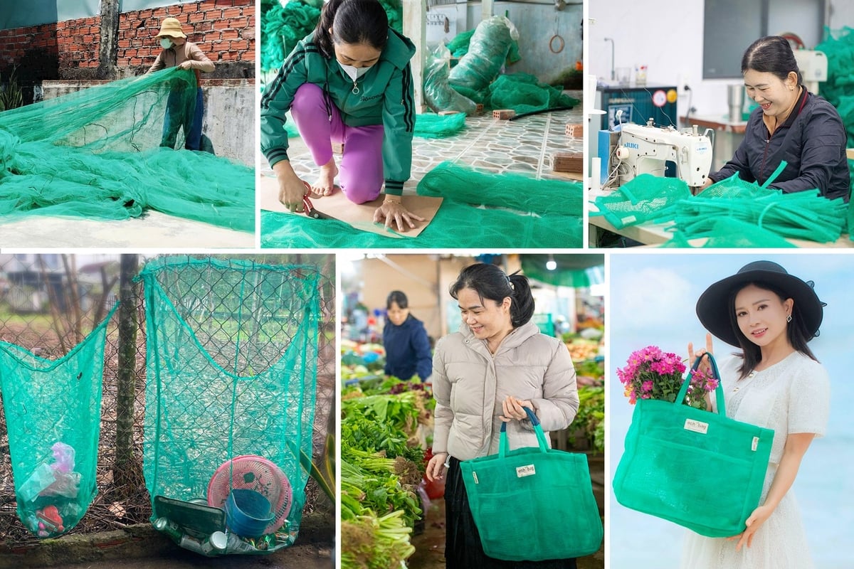 Từ những chiếc lưới đánh bắt cũ bị bỏ đi, qua bàn tay của những người phụ nữ địa phương, đã biến thành những chiếc túi đi chợ thời trang hay túi rác bền chắc. Ảnh: Tấn Thiện. Từ những chiếc lưới đánh bắt cũ bị bỏ đi, qua bàn tay của những người phụ nữ địa phương, đã biến thành những chiếc túi đi chợ thời trang hay túi rác bền chắc. Ảnh: Tấn Thiện.
