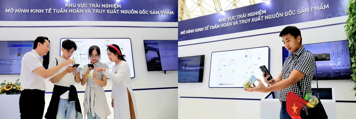 Khách tham quan triển lãm hào hứng trải nghiệm truy xuất nguồn gốc từng sản phẩm TH true MILK. Ảnh: TH. Khách tham quan triển lãm hào hứng trải nghiệm truy xuất nguồn gốc từng sản phẩm TH true MILK. Ảnh: TH.