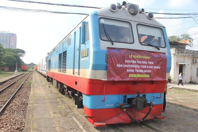 Chuyến tàu đầu tiên đưa dừa tươi Việt Nam xuất khẩu sang Trung Quốc. Ảnh: Trần Trung.