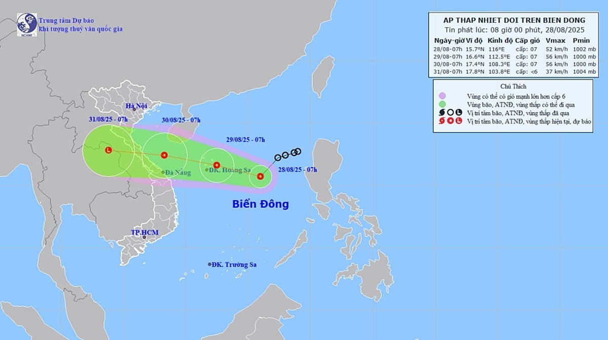 Dự báo hướng di chuyển của áp thấp nhiệt đới. Ảnh: TT Dự báo KTTV Quốc gia