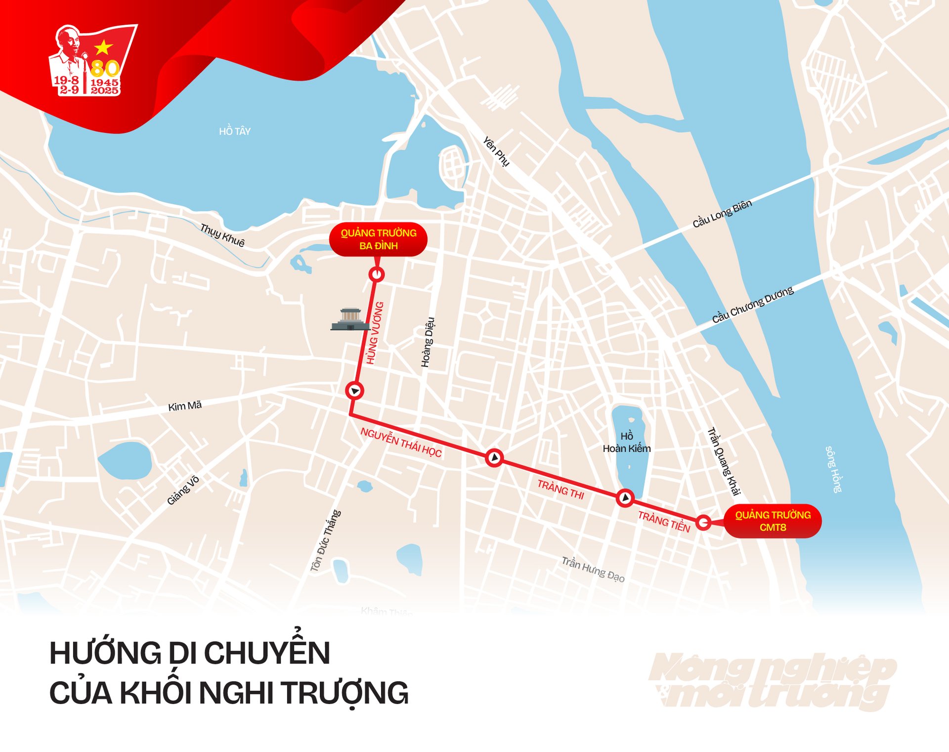 Khối Nghi trượng: đi theo hướng Nguyễn Thái Học - Tràng Thi - Tràng Tiền, kết thúc tại Quảng trường Cách mạng Tháng Tám. Khối Nghi trượng: đi theo hướng Nguyễn Thái Học - Tràng Thi - Tràng Tiền, kết thúc tại Quảng trường Cách mạng Tháng Tám.