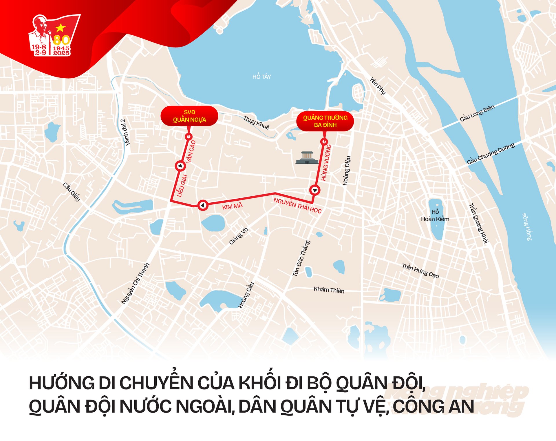 Khối đi bộ (Quân đội, Công an, dân quân tự vệ, đoàn nước ngoài) chia theo 3 tuyến chính: Tuyến số 1: Nguyễn Thái Học - Kim Mã - Liễu Giai - Văn Cao, kết thúc tại Sân vận động Quần Ngựa. Khối đi bộ (Quân đội, Công an, dân quân tự vệ, đoàn nước ngoài) chia theo 3 tuyến chính: Tuyến số 1: Nguyễn Thái Học - Kim Mã - Liễu Giai - Văn Cao, kết thúc tại Sân vận động Quần Ngựa.