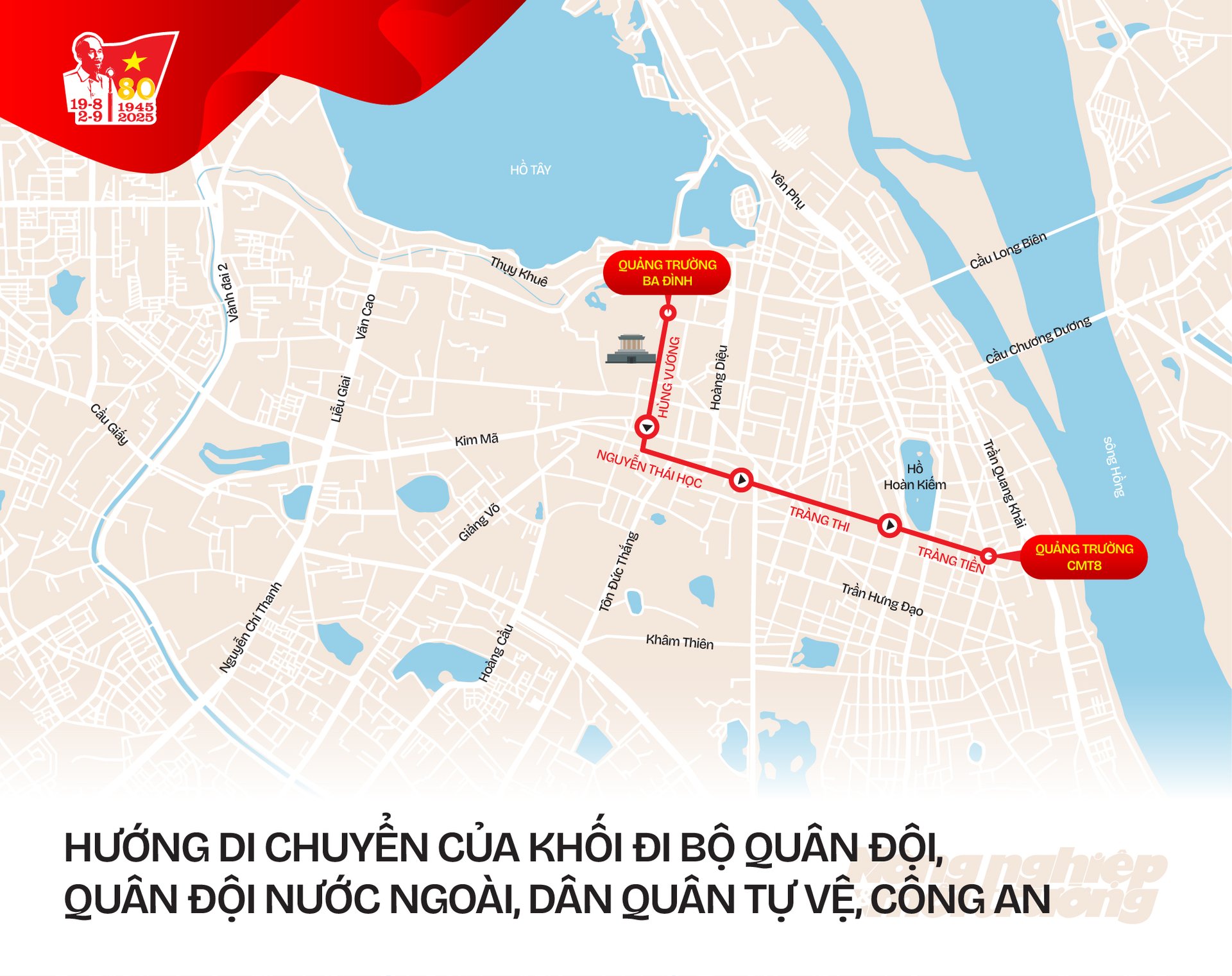 Tuyến số 2: Nguyễn Thái Học - Tràng Thi - Tràng Tiền, kết thúc tại Quảng trường Cách mạng Tháng Tám. Tuyến số 2: Nguyễn Thái Học - Tràng Thi - Tràng Tiền, kết thúc tại Quảng trường Cách mạng Tháng Tám.