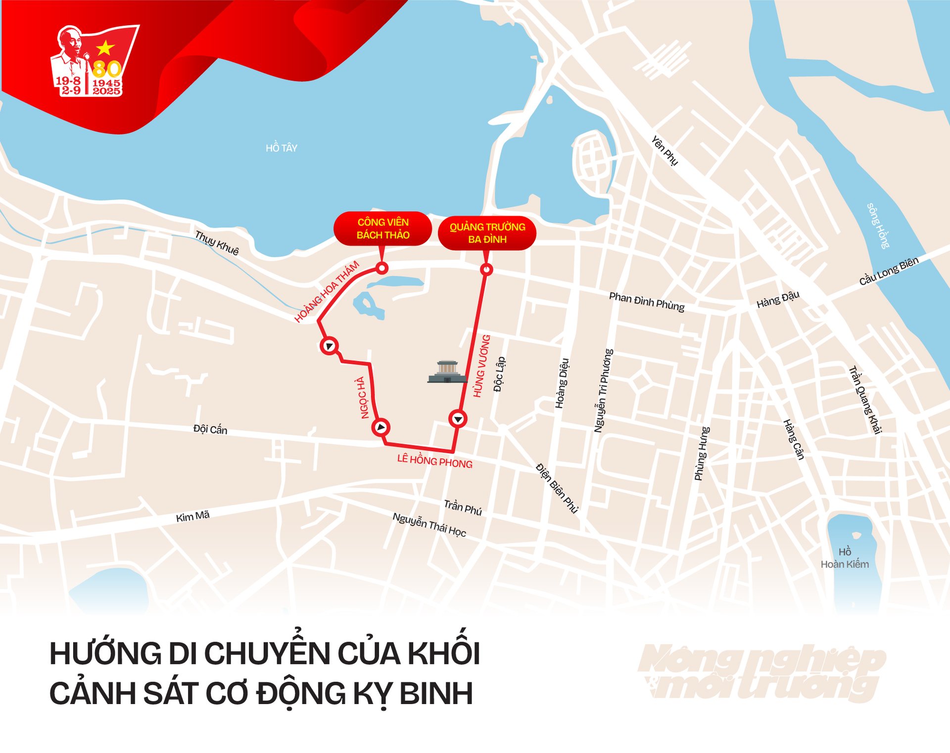 Khối Cảnh sát cơ động, Kỵ binh: Rẽ theo đường Lê Hồng Phong - Ngọc Hà, kết thúc tại Công viên Bách Thảo. Khối Cảnh sát cơ động, Kỵ binh: Rẽ theo đường Lê Hồng Phong - Ngọc Hà, kết thúc tại Công viên Bách Thảo.