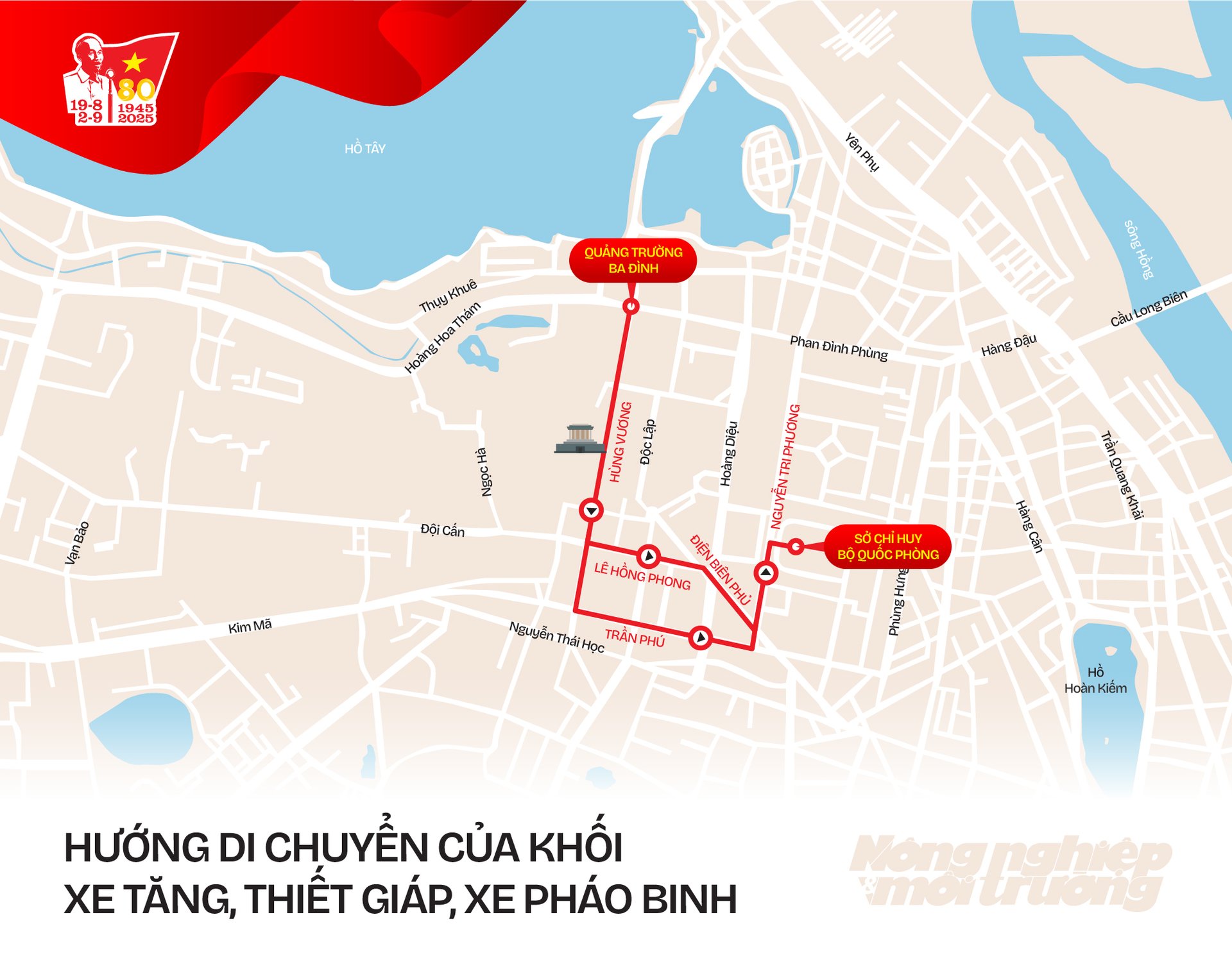 Khối xe tăng, thiết giáp, xe pháo binh bánh xích: Sau khi đi qua lễ đài, đến vị trí tách đội hình, ngã tư Hùng Vương - Chùa Một Cột chuyển hình đội hình 2 hàng dọc và đi theo 2 tuyến Tuyến số 1: Rẽ trái đi theo hướng Lê Hồng Phong - Điện Biên Phủ - Nguyễn Tri Phương, kết thúc tại Sở chỉ huy Bộ Quốc Phòng. Tuyến số 2: Rẽ trái đi theo hướng Trần Phú - Điện Biên Phủ - Nguyễn Tri Phương, kết thúc tại Sở chỉ huy Bộ Quốc Phòng. Khối xe tăng, thiết giáp, xe pháo binh bánh xích: Sau khi đi qua lễ đài, đến vị trí tách đội hình, ngã tư Hùng Vương - Chùa Một Cột chuyển hình đội hình 2 hàng dọc và đi theo 2 tuyến Tuyến số 1: Rẽ trái đi theo hướng Lê Hồng Phong - Điện Biên Phủ - Nguyễn Tri Phương, kết thúc tại Sở chỉ huy Bộ Quốc Phòng. Tuyến số 2: Rẽ trái đi theo hướng Trần Phú - Điện Biên Phủ - Nguyễn Tri Phương, kết thúc tại Sở chỉ huy Bộ Quốc Phòng.