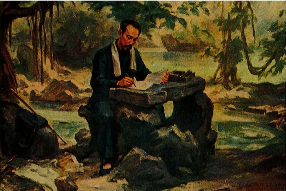 Bác Hồ làm việc ở Pác Bó (năm 1941). Tranh: Trịnh Phòng.